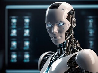 Free photo 3d rendering humanoid robot working with future digital graphic interface on dark background