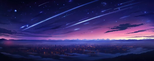Foto op Plexiglas Landscape view on falling stars perseids, clear dark night sky, panorama banner. Generative Ai. © annamaria
