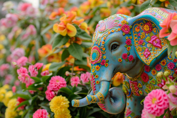 Colorful painted Elephant. A painting of a Elephant with flowers. Vibrant Elephant in Floral Field. Indian elephant eye with flower decoration. elephant statue surrounded by flowers and leaves.