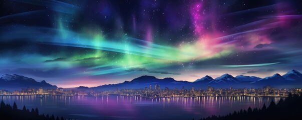 Obraz premium Landscape view on falling stars perseids, clear dark night sky, panorama banner. Generative Ai.