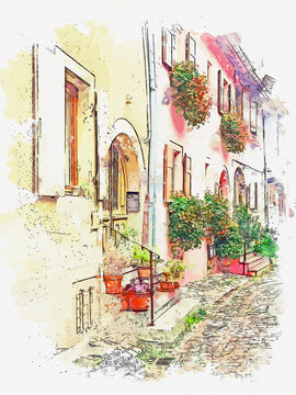 Watercolor picture view of Equisheim plus Beaux Villages de France, Alsace France.