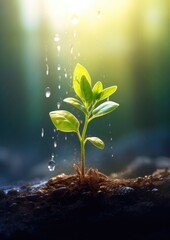 A young plant growing up with rainwater in sunlight. , ultra realistic. Generative Ai.