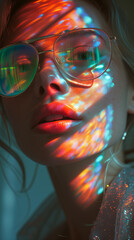 portrait of woman close up, prism reflection on her face