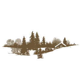 graphic drawing, composition: winter landscape with country cottages, trees and snow, illustration