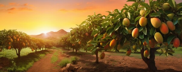 Mango farm gardening,tree cultivation with tropical fruits, sunset panorama. Generative Ai.