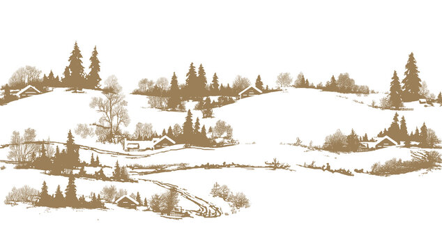 graphic drawing, composition: winter landscape with country cottages, trees and snow, illustration