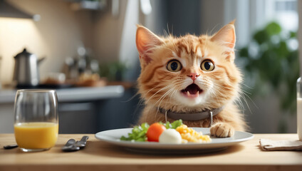 Cute cartoon  cat sitting at the table in the kitchen