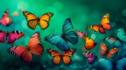 Playful butterflies in a kaleidoscope of colors, fluttering against a backdrop of emerald green.