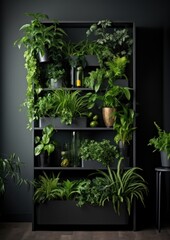 Fototapeta premium House gardening in the apartment. Scandinavian dark interior style. Generative Ai.