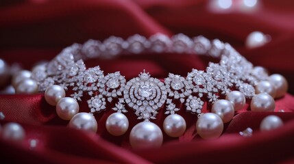 Precious pearls and diamonds arranged in a celestial pattern, exuding celestial elegance.