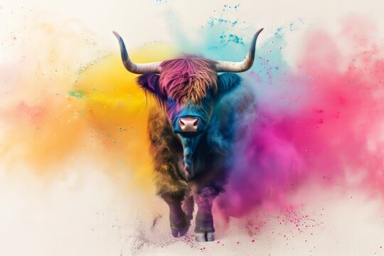 scottish highlander cow animal holipowder color explosion powder white background