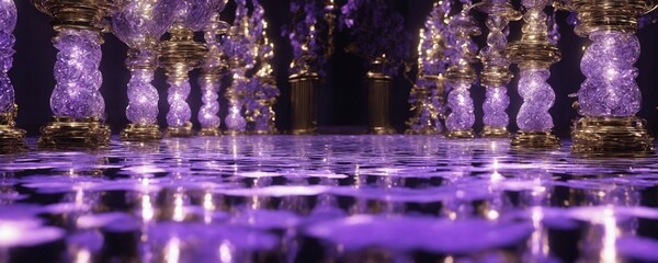 purple and gold candles are lined up in a row on a black floor