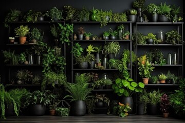 Fototapeta na wymiar House gardening in the apartment. Scandinavian dark interior style. Generative Ai.