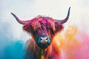 white background holi powder Scottish highlander cow with an explosion of colors 