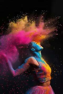 women person people holipowder color explosion powder black background