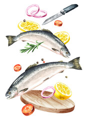 Raw fresh fish  is tossed on a wooden chopping board. Cooking concept. Hand drawn watercolor illustration, isolated on white background