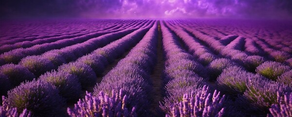 lavender field with a purple sky and clouds in the background