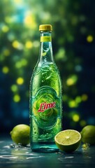 A lime carbonated bottle drink concept design. A refreshing concept akin with a product photoshoot.