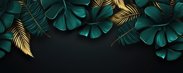 Wallpaper of exotic dark green leaves with different type of shades with gold, panorama. Generative ai. - obrazy, fototapety, plakaty