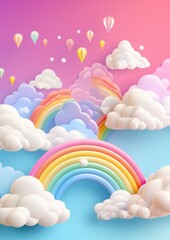 Obraz premium Abstract wallpaper of rainbow with clouds like baloons, pastel colors cartoon. Generative Ai.