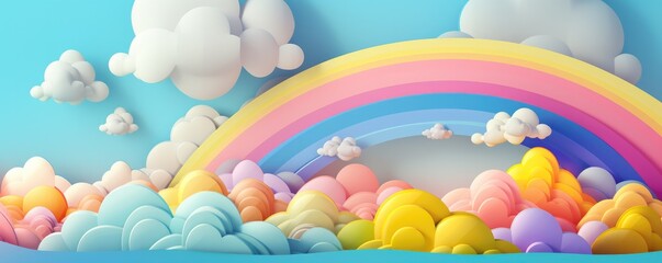 Abstract wallpaper of rainbow with clouds like baloons, pastel kids panorama banner. Generative Ai.