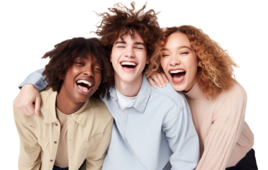 Hugging happy freshmen students of different nationalities, best friends, cut out. Multiracial concept