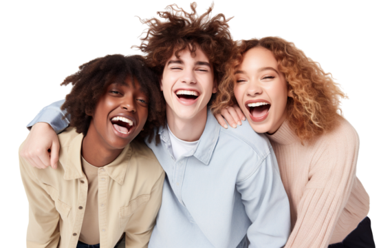 Hugging happy freshmen students of different nationalities, best friends, cut out. Multiracial concept