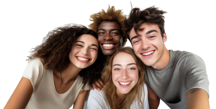 Hugging happy freshmen students of different nationalities, best friends, cut out. Multiracial concept