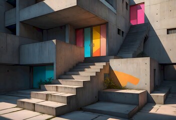 Brutalist Stairway in Vivid Colors, Generative AI