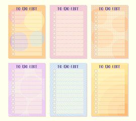 Set with to do lists with colored abstract elements, dot pattern, lines, circles, squares. Cute template for planners, checklists, shopping lists