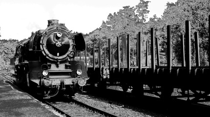 An impressive old black steam locomotive from Germany is operated on special days on the track from Beekbergen to Loenen in the Netherlands. Black and white photo