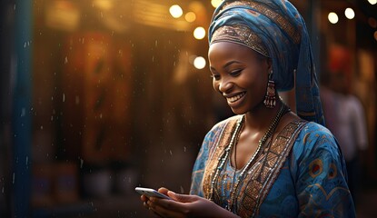 The bright smile of an African woman holding a smartphone suggests happiness and engagement with digital technology. - obrazy, fototapety, plakaty