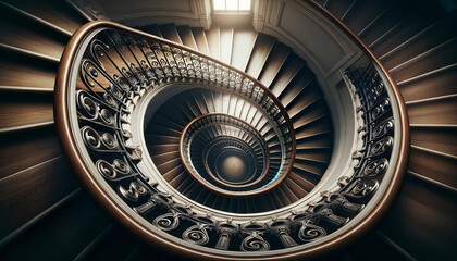 Fototapeta premium Spiral staircase with intricate wrought iron railings descends in perfect Fibonacci sequence, uniting architecture and art in a harmonious symmetrical pattern.Concept of interior design.AI generated.