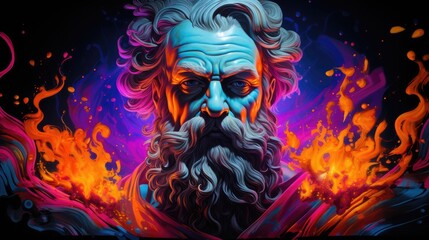 Contemporary art featuring neon-lit sculptures of Greek philosophical figures, bridging ancient wisdom and modern design.