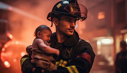 A heroic fireman bravely holding a baby while rushing out of a burning house, epitomizing courage and compassion in the face of danger. - obrazy, fototapety, plakaty