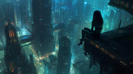 A woman precariously sitting on a ledge overlooking a dystopian cyberpunk city at night