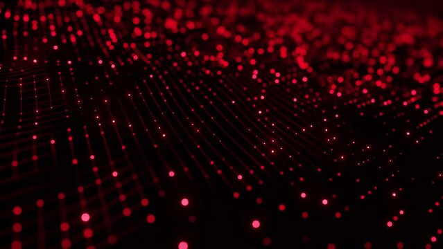 Abstract red wave particle background. Glowing random dots. Hi-tech, big data visualization, futuristic, digital technology connection and innovation concept. 3d animation of seamless loop, 4K