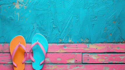 Flip flops resting on a blue wooden floor, evoking a sense of relaxation and summertime vibes.