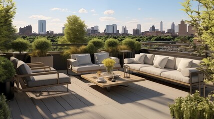 Obraz premium Create an urban rooftop garden oasis with container plants, comfortable seating, and panoramic city views to transform a rooftop into a vibrant and relaxing escapear
