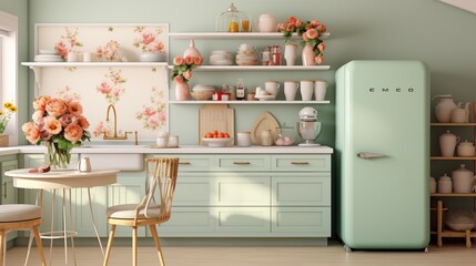 Design a charming cottagecore kitchen with floral wallpaper, open shelving, and vintage-inspired appliancesar