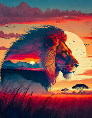 Silhouette de tete de lion sous le soleil couchant dans la savane, double exposition