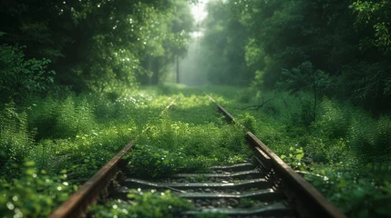Fototapeten An abandoned tram line reclaimed by nature, where tracks intertwine with overgrown flora. © AI By Ibraheem