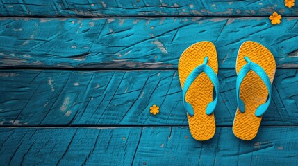 The casual charm of flip flops against a blue wooden floor, perfect for leisurely strolls by the beach.