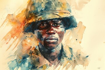 Nigerian soldier portrait Illustration close up. Modern soldier of Nigeria watercolor colors Illustration