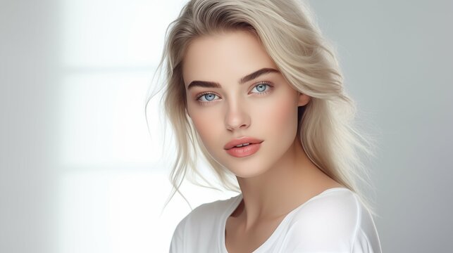 Timeless Beauty: Portrait of a Girl in a White Top at the Beauty Salon, Emphasizing Natural Look and Skincare
