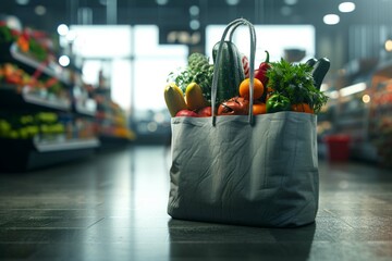 Giant shopping bag filled with groceries - obrazy, fototapety, plakaty