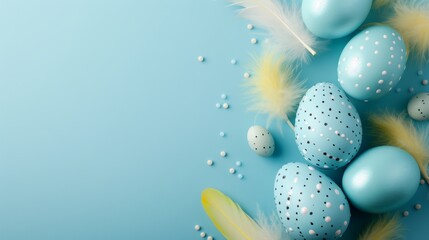 Obraz na płótnie Canvas Easter background white feathers and blue eggs