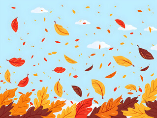 Vibrant Autumn Splendor with Colorful Falling Leaves Against Clear Sky - Tranquil Nature Scene Without People, Concept of Seasonal Change and Beauty