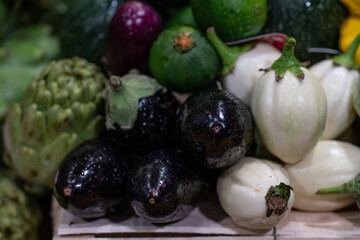 detail of eggplants, zucchini and artichokes