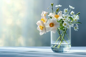 Glass of fresh spring flowers in vase. Generative AI